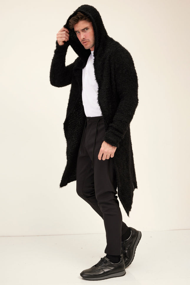 Men's Fuzzy Long Cardigan - Black | Ron Tomson