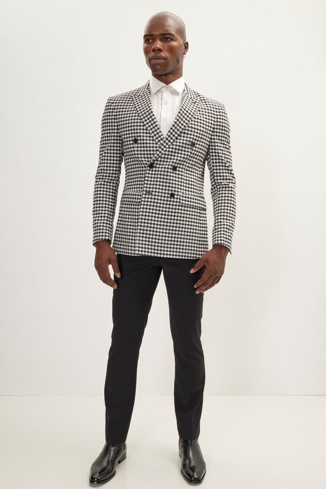 Men's Double-Breasted Houndstooth Suit - Black White | Ron Tomson
