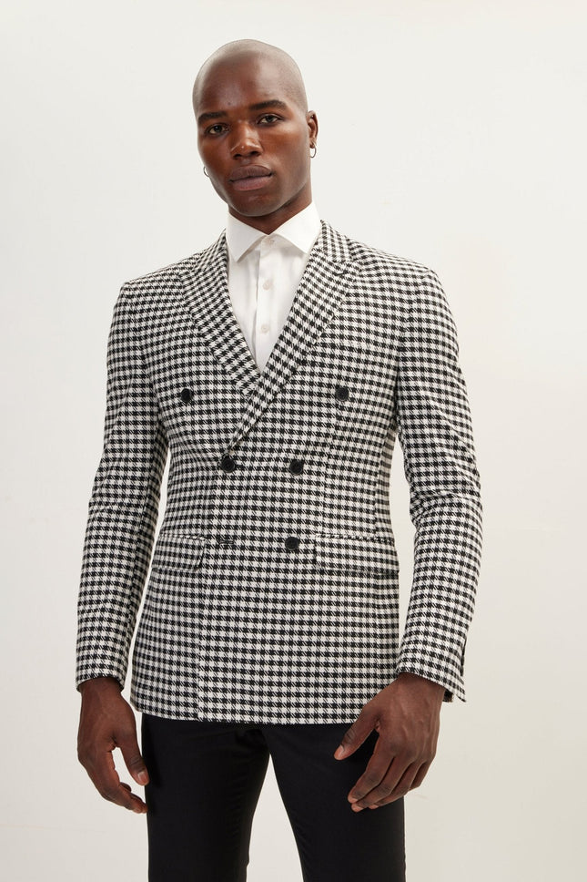 Men's Double-Breasted Houndstooth Suit - Black White | Ron Tomson