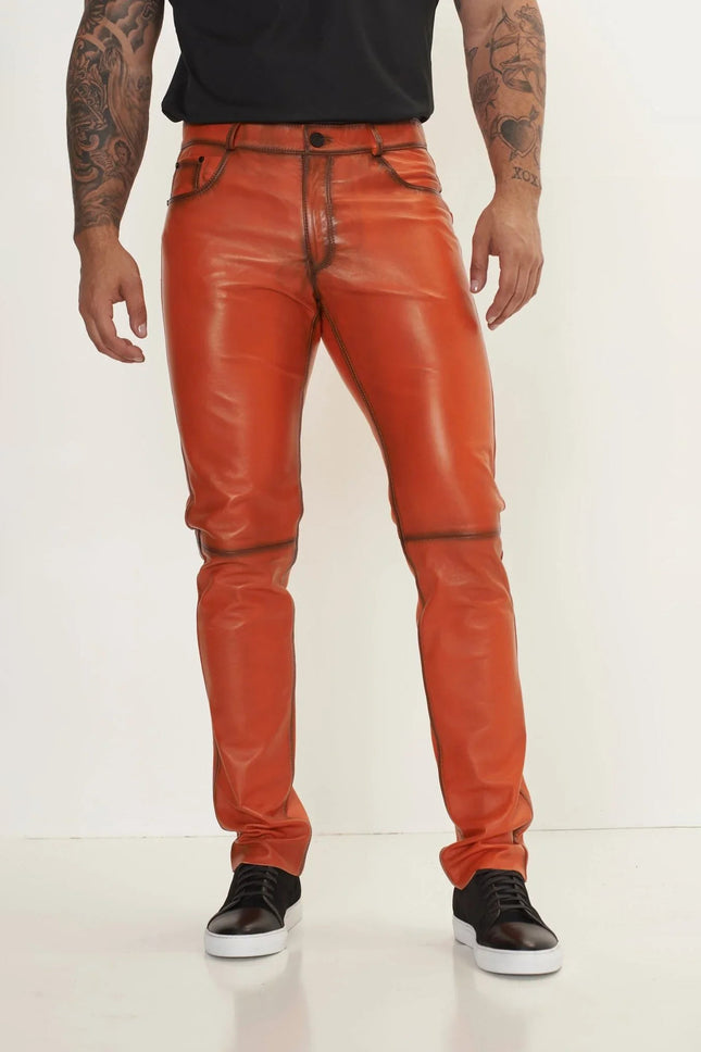 Men's Lambskin Leather Pants - Orange | Ron Tomson