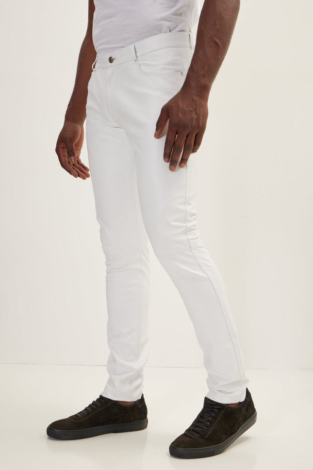 Men's Lambskin Leather Pants - White | Ron Tomson