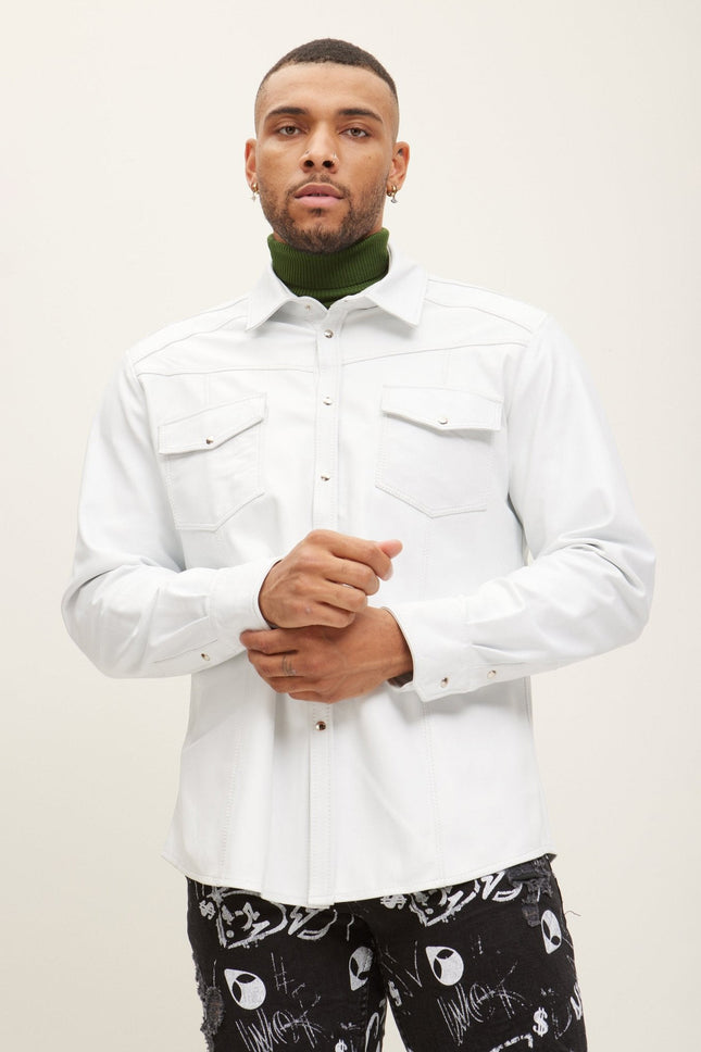 Men's Lambskin Leather Button-Down Shirt - White | Ron Tomson