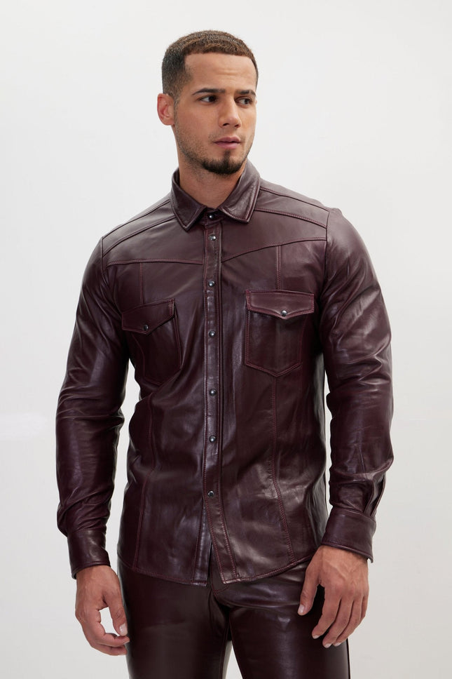 Men's Lambskin Leather Shirt - Wine | Ron Tomson