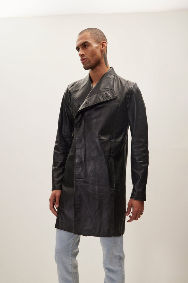 Men's Asymmetric Lambskin Trench Coat - Black | Ron Tomson