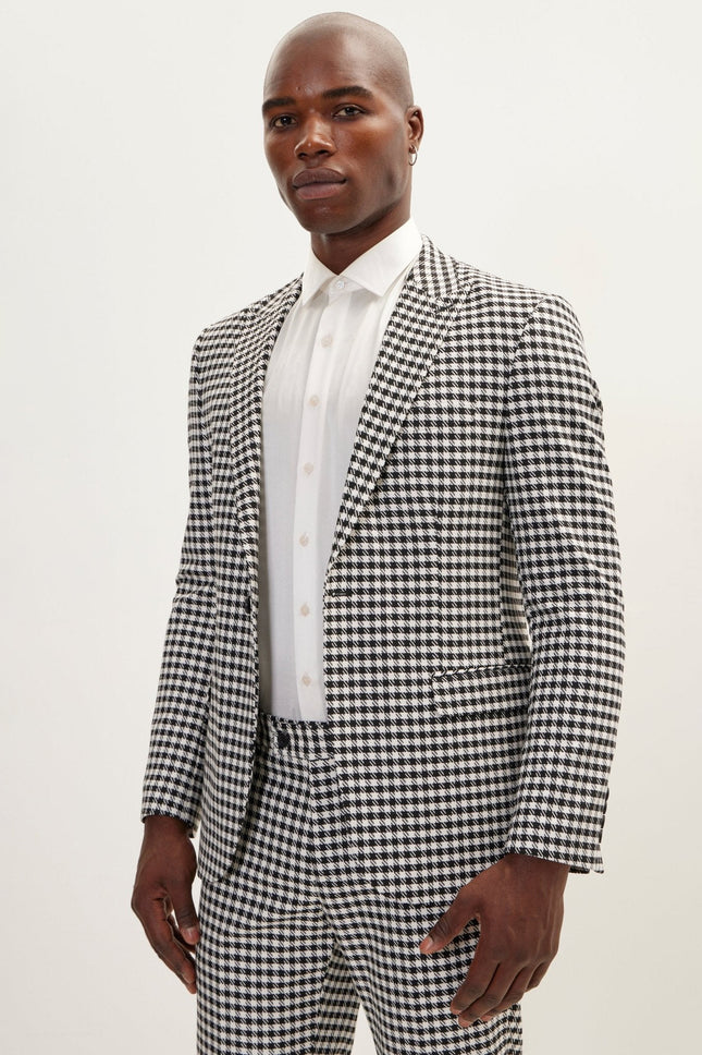 Men's Houndstooth Peak Lapel Single-Breasted Suit - Black White | Ron Tomson