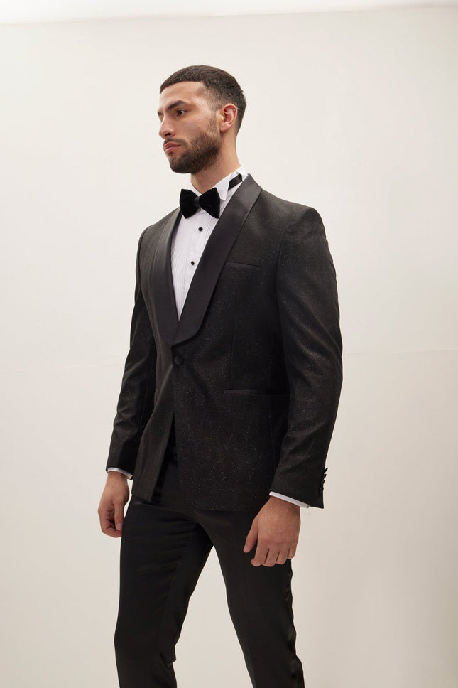 Men's Ludlow Shawl Lapel Glitter Tuxedo Jacket - Black | Ron Tomson