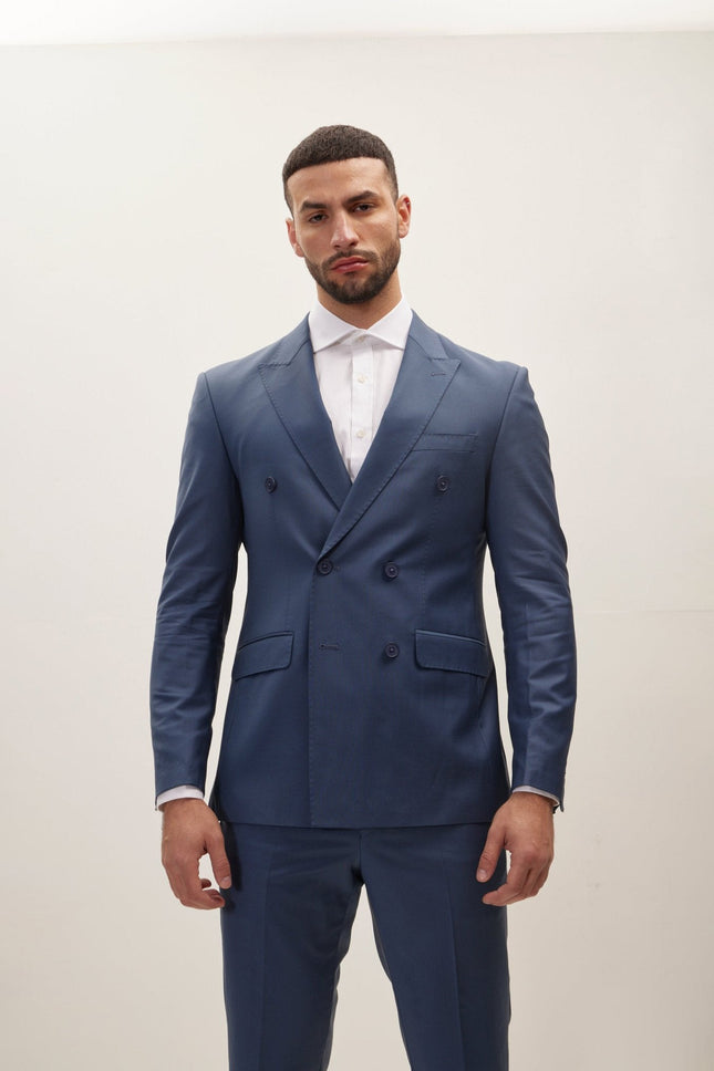Men's Italian Super 120s Merino Wool Double-Breasted Suit - Dark Petrol Blue | Ron Tomson
