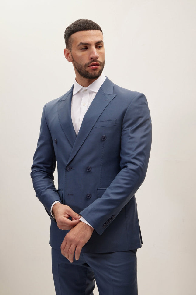 Men's Italian Super 120s Merino Wool Double-Breasted Suit - Dark Petrol Blue | Ron Tomson