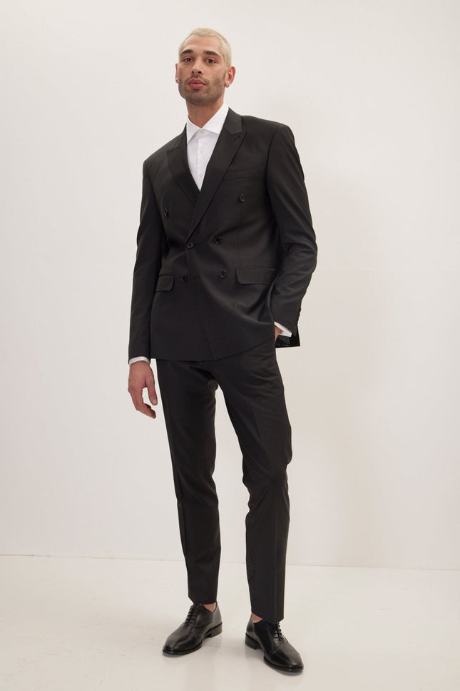 Men's Italian Super 120s Merino Wool Double-Breasted Suit - Jet Black | Ron Tomson