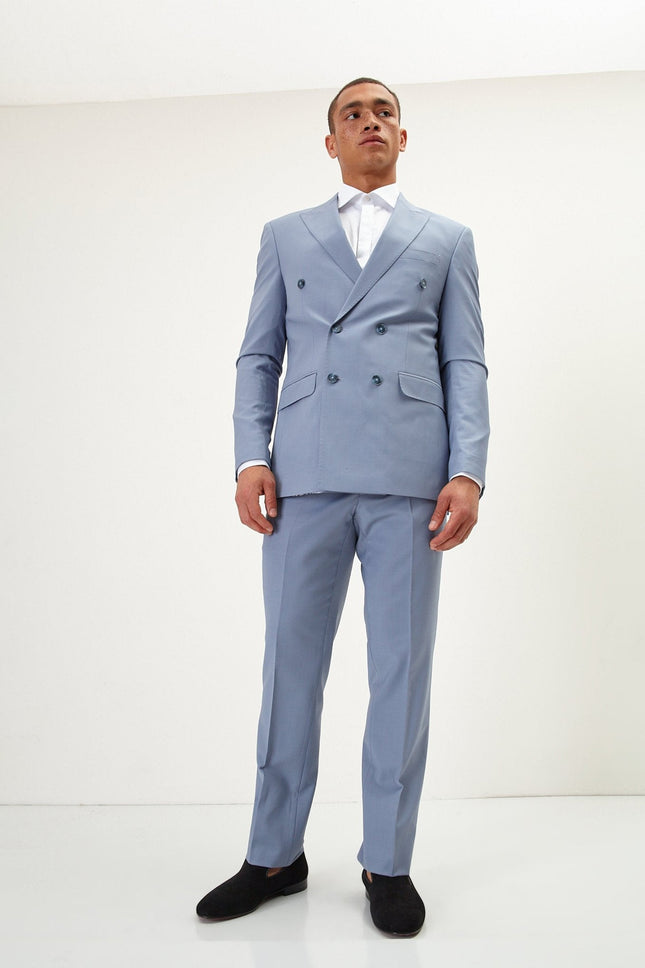 Men's Italian Super 120s Merino Wool Double-Breasted Suit - Monument Grey Ish Blue | Ron Tomson
