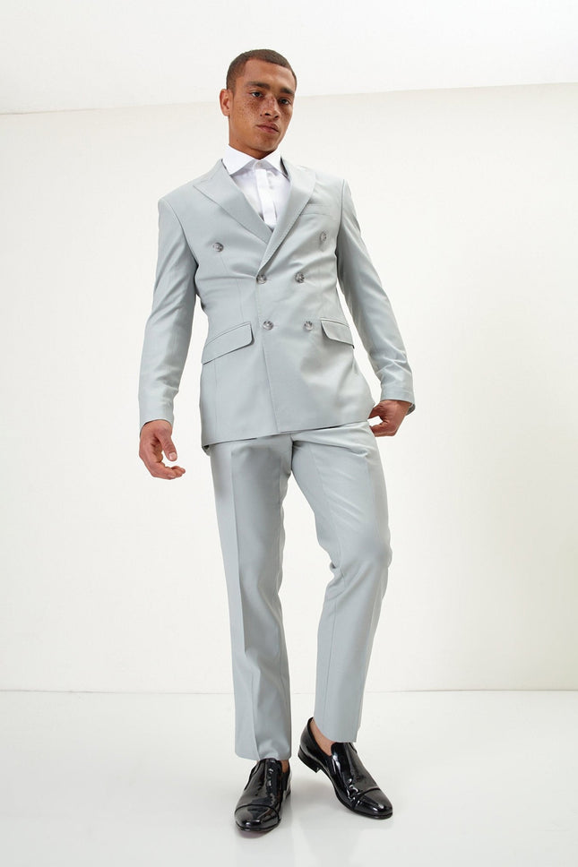 Men's Italian Super 120s Merino Wool Double-Breasted Suit - Sage Tint Grey | Ron Tomson