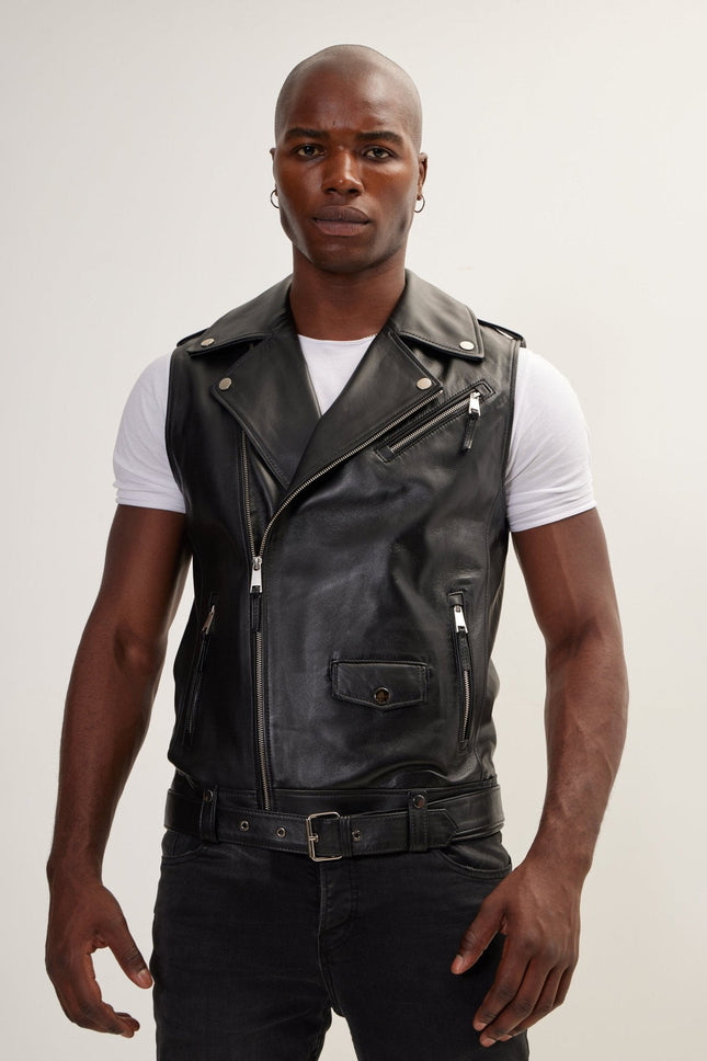 Men's Asymmetric Zip Lambskin Vest - Black | Ron Tomson
