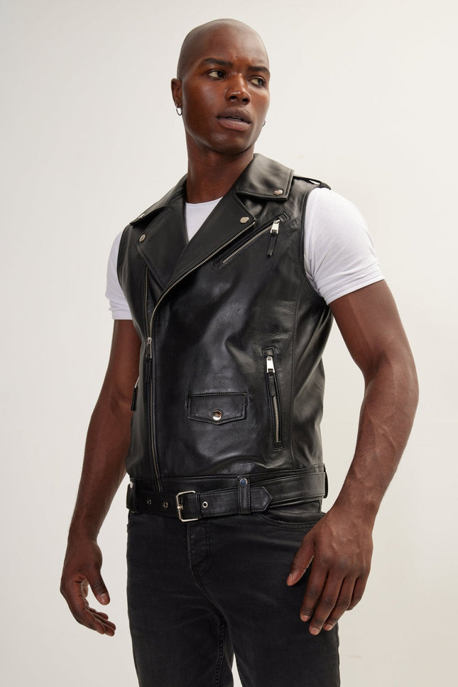 Men's Asymmetric Zip Lambskin Vest - Black | Ron Tomson