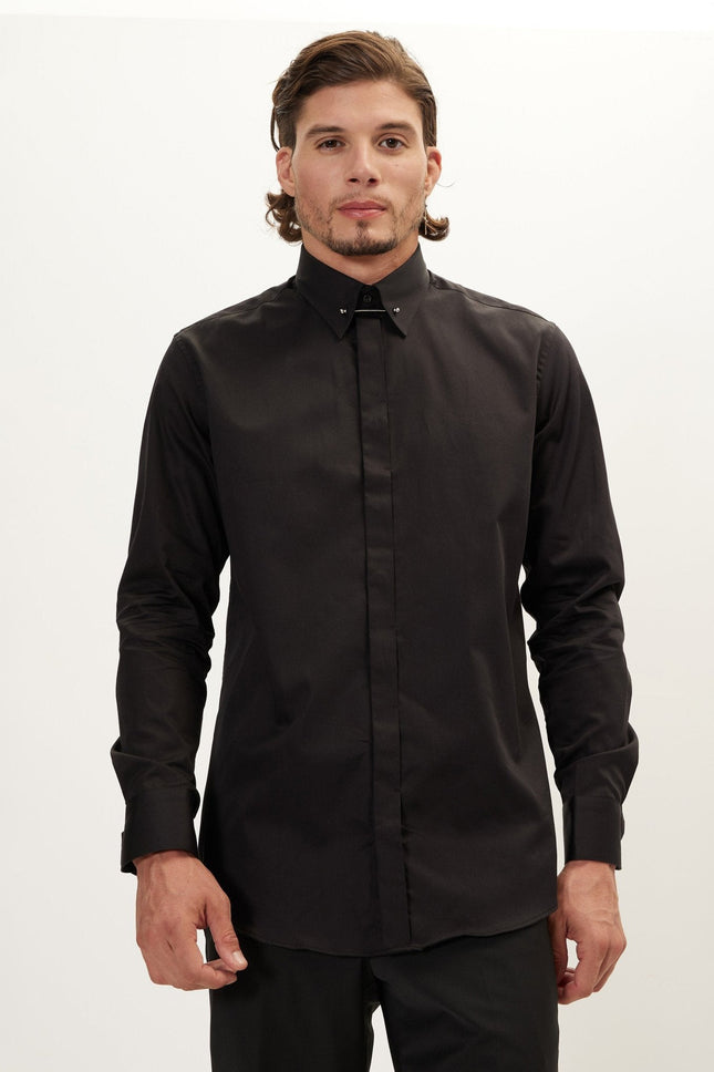 Men's Hidden Placket Dress Shirt - Jet Black | Ron Tomson