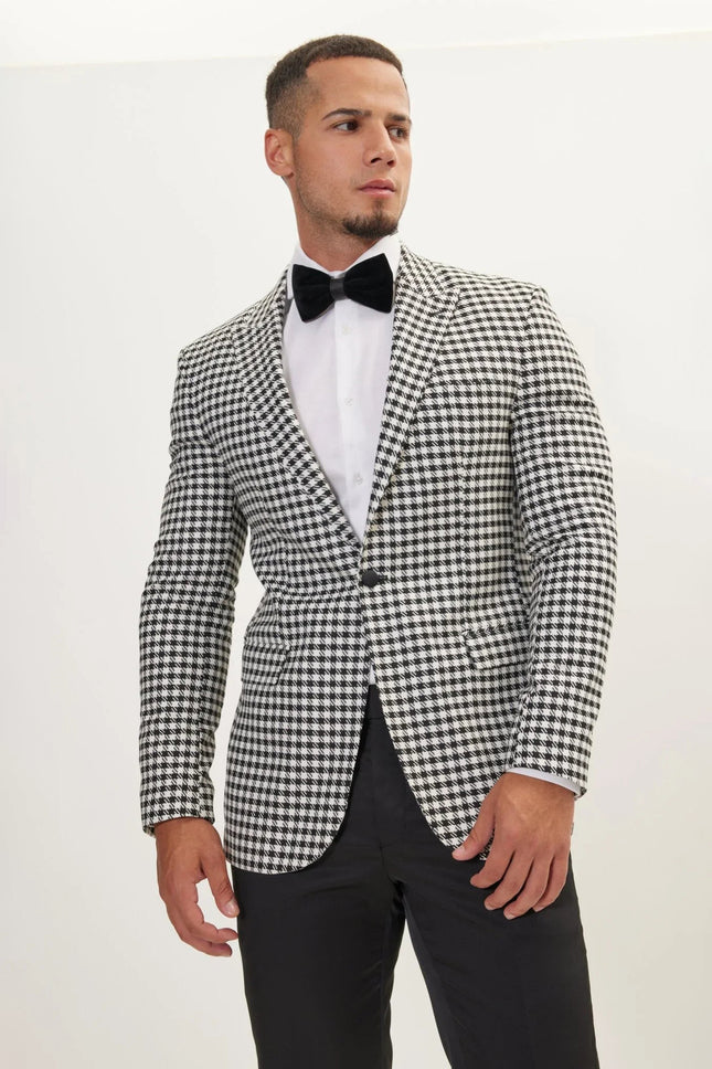 Men's Houndstooth Weaving Peak Lapel Suit With Black Pants | Ron Tomson