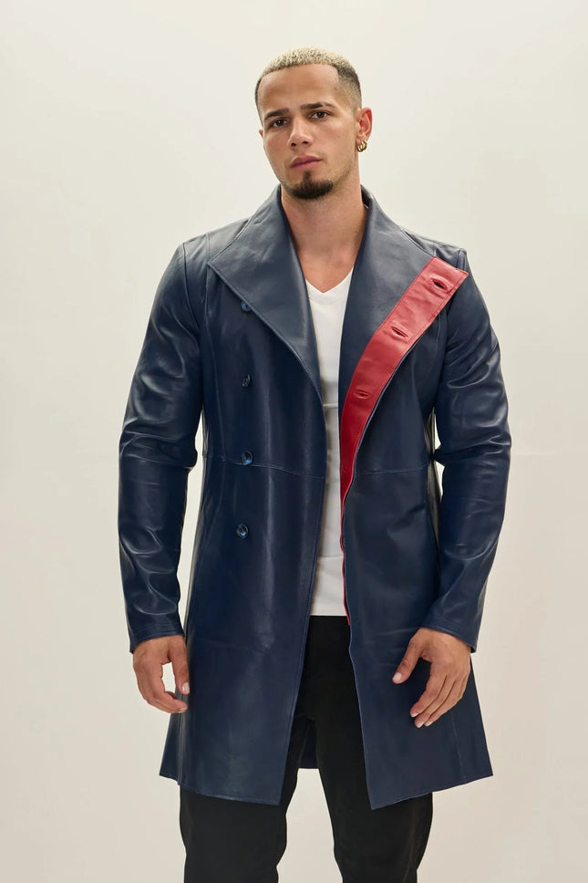 Men's Double-Breasted Leather Peacoat - Navy Red | Ron Tomson