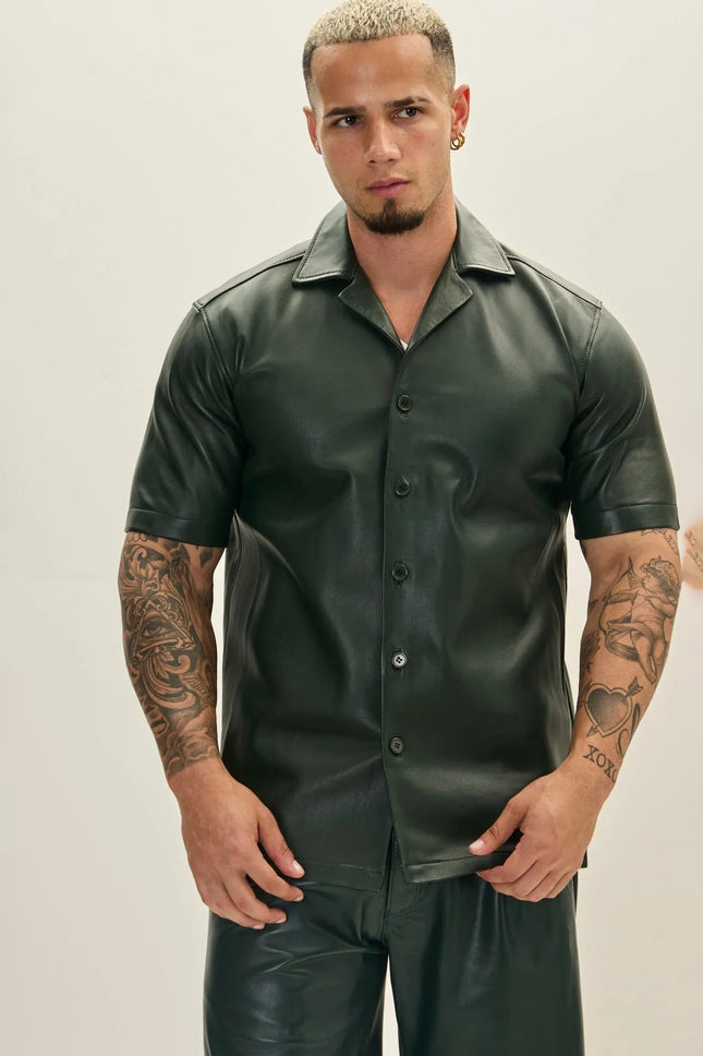 Men's Short-Sleeve Lambskin Leather Shirt - Olive | Ron Tomson