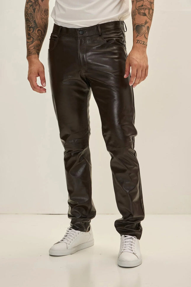 Men's Lambskin Leather Pants - Dark Brown | Ron Tomson