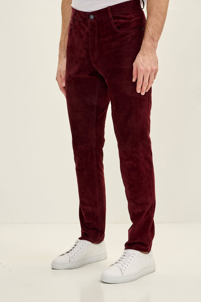 Men's Lambskin Suede Pants - Wine | Ron Tomson