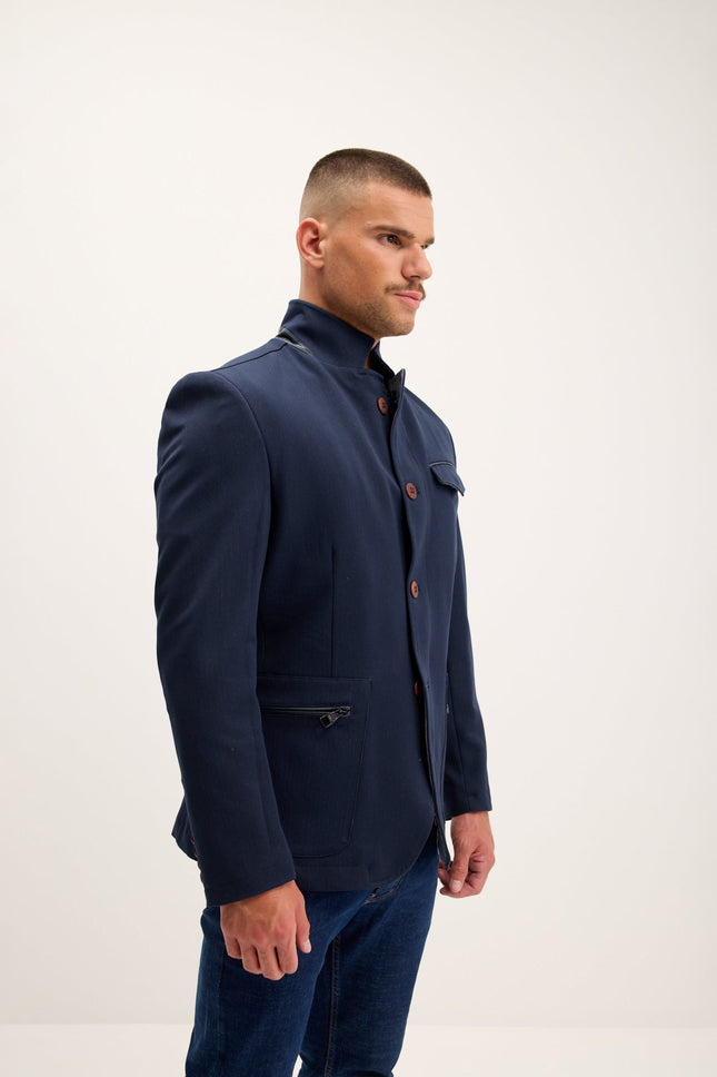 Men's Mandarin Collar Denim Blazer - Navy | Ron Tomson