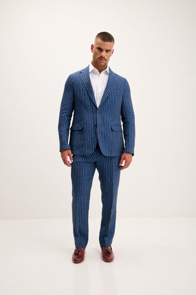 Men's Pinstripe Linen Single-Breasted Suit - Navy | Ron Tomson