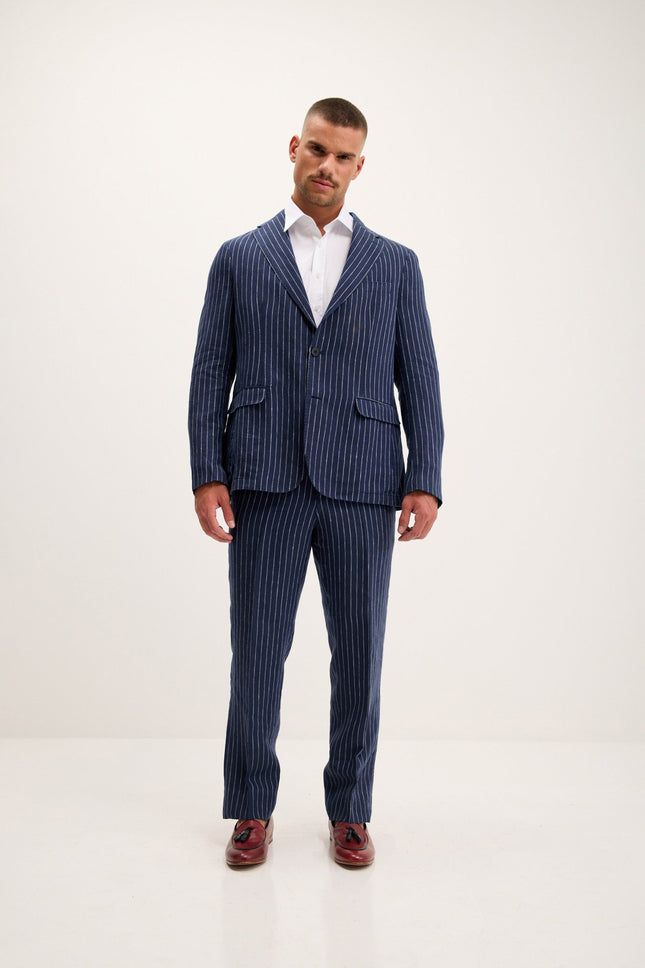Men's Pinstripe Linen Single-Breasted Suit - Dark Navy | Ron Tomson