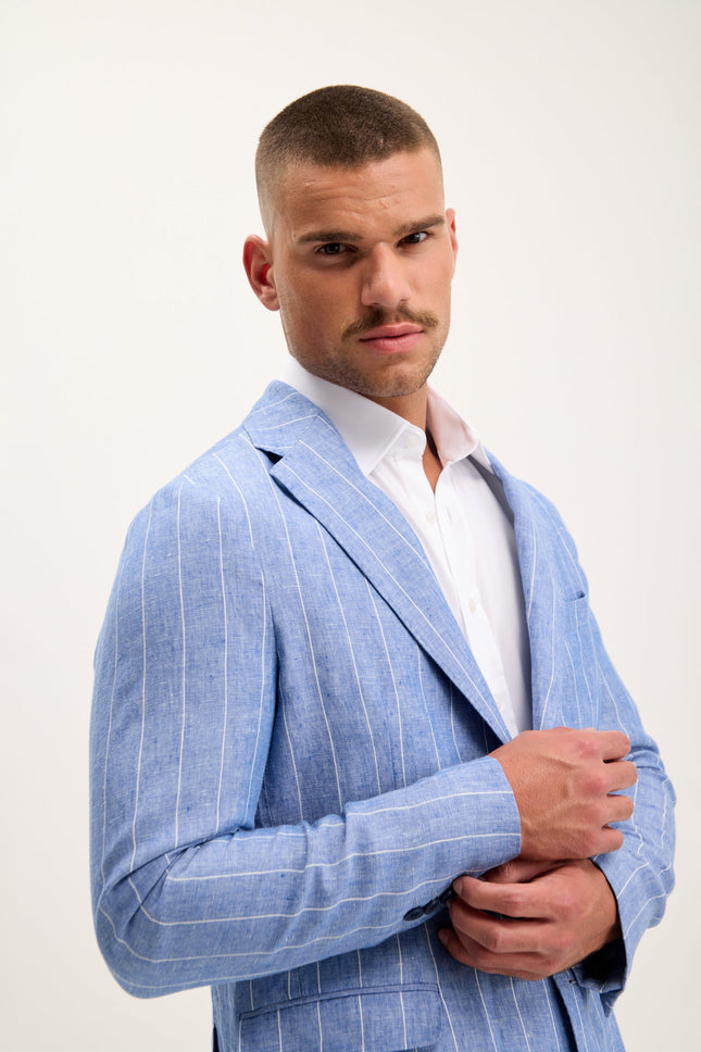 Men's Pinstripe Linen Single-Breasted Suit - Blue | Ron Tomson