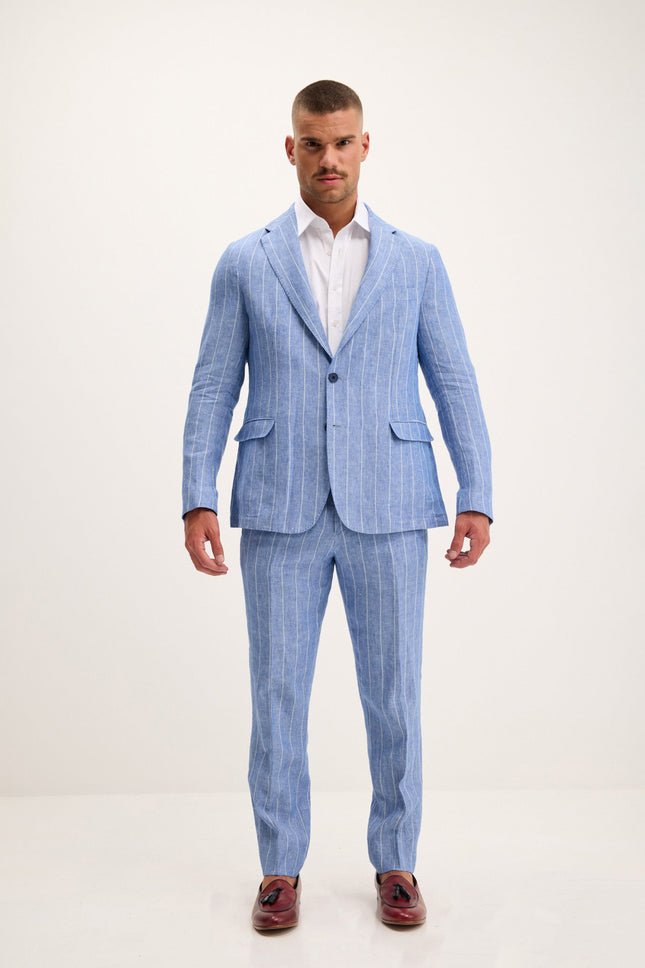 Men's Pinstripe Linen Single-Breasted Suit - Blue | Ron Tomson
