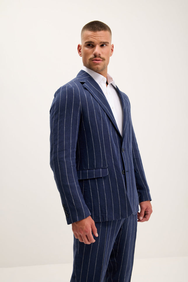 Men's Pinstripe Linen Single-Breasted Suit - Navy | Ron Tomson