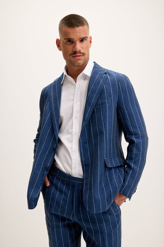 Men's Pinstripe Linen Single-Breasted Suit - Navy | Ron Tomson