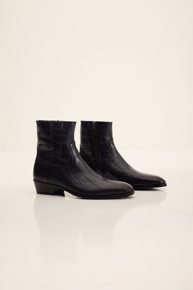 Men's Croc Embossed Leather Chelsea Boots - Navy | Ron Tomson