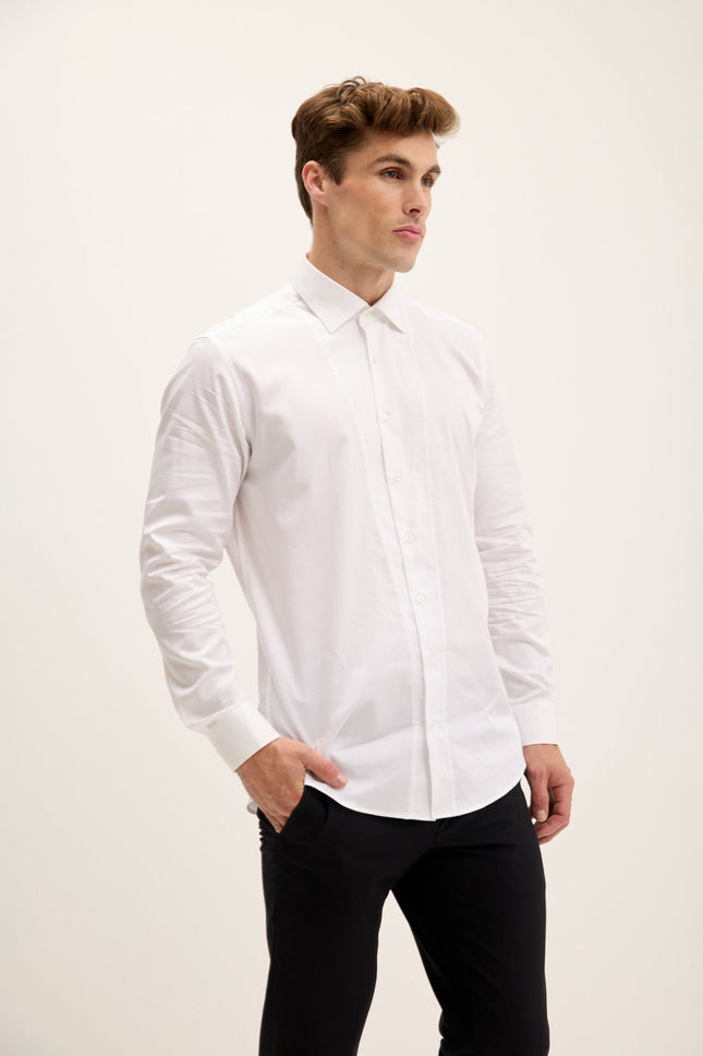 Men's Slim Fit Pique Front Tuxedo Shirt - White | Ron Tomson