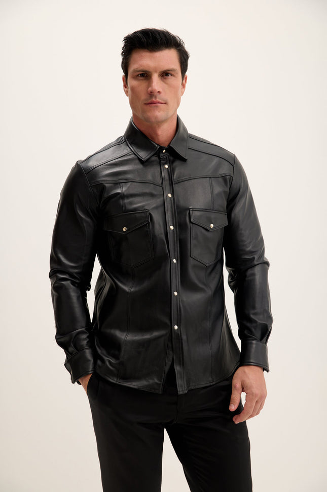 Men's Lambskin Leather Shirt - Black | Ron Tomson