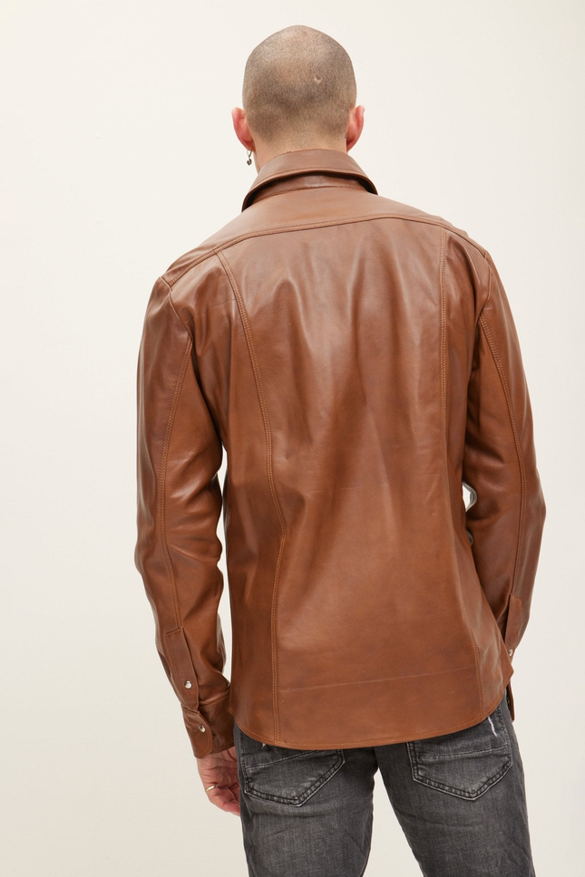 Men's Western Lambskin Leather Shirt - Brown | Ron Tomson