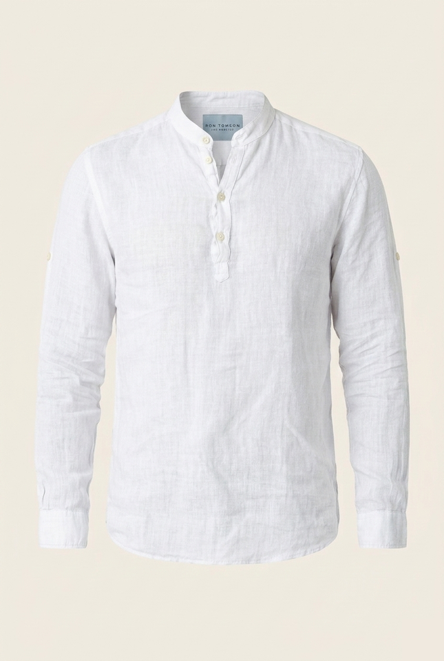Men's Linen Band Collar Shirt - White - Ron Tomson