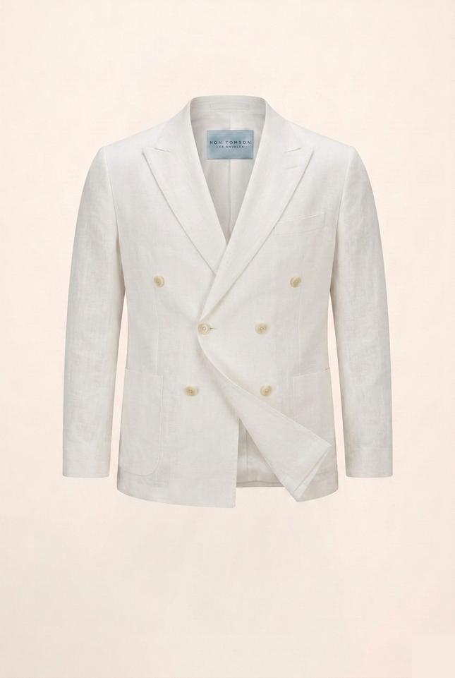 Men's Double Breasted Linen Jacket - White - Ron Tomson