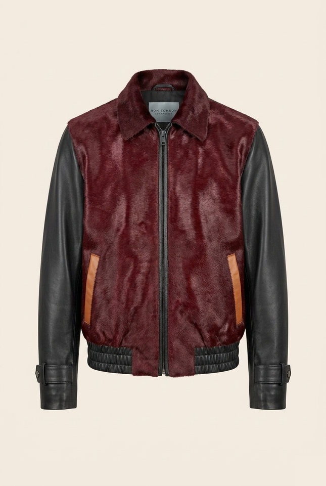 Men's Calf Hair Leather Jacket - Burgundy Black - Ron Tomson